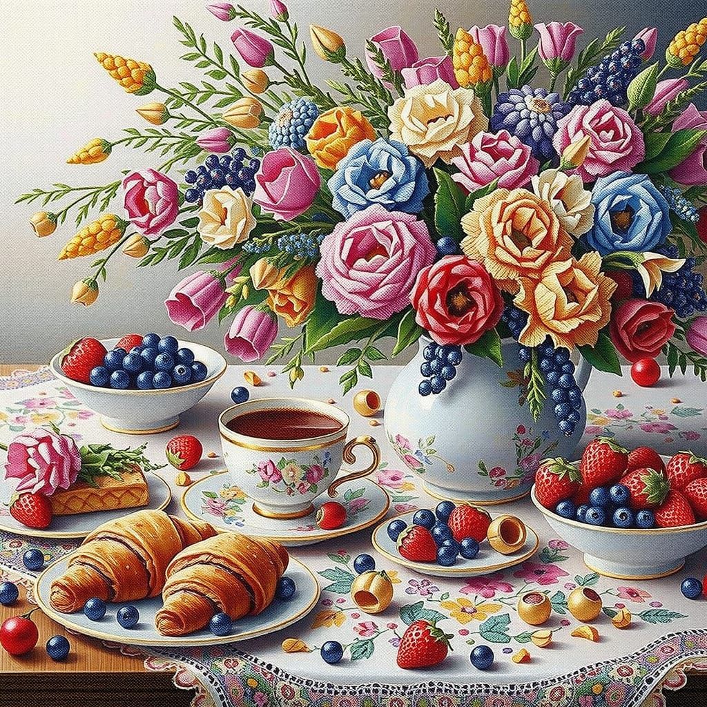 Beaded Still Life with Teacup and Croissants