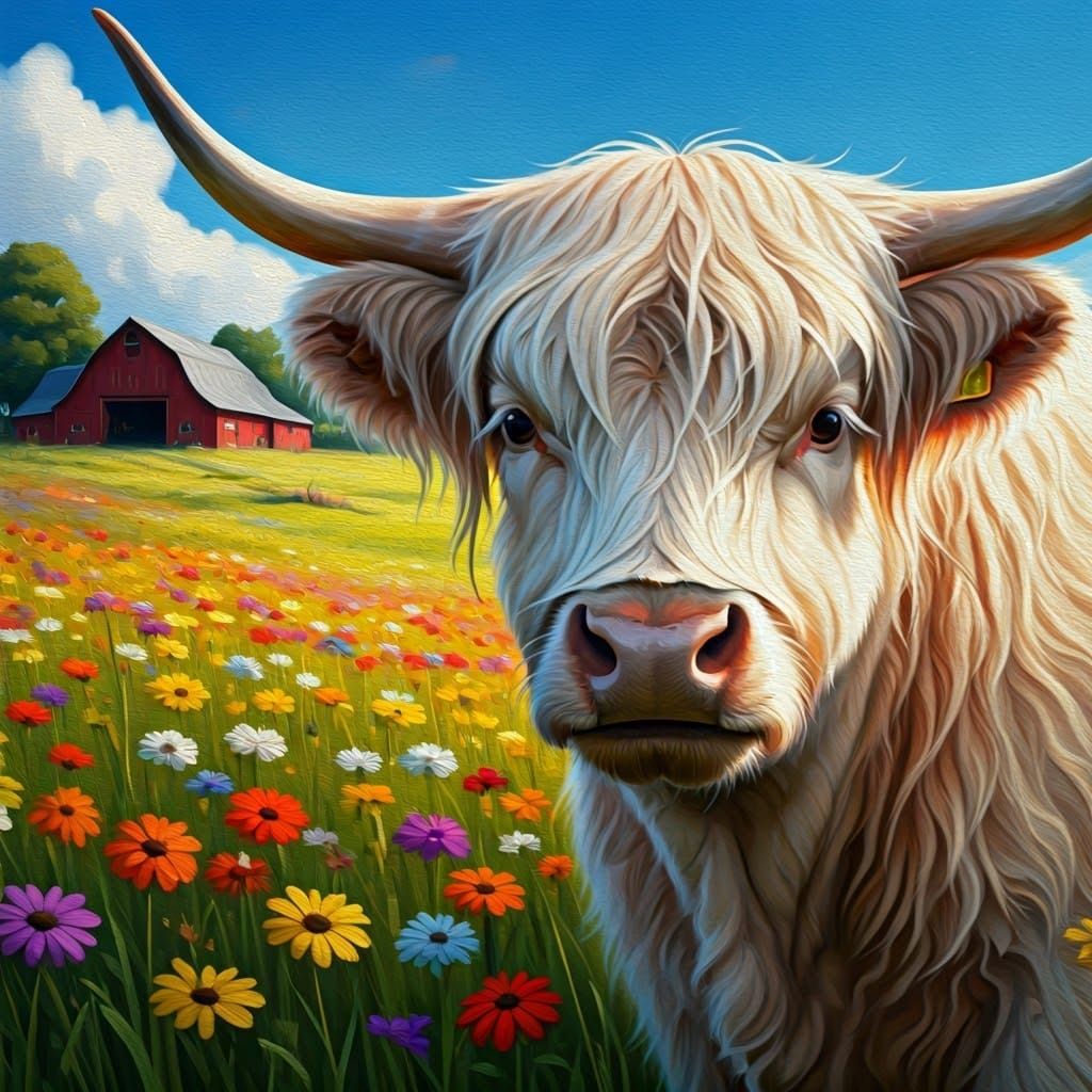 Rustic Highland Cow Amidst Vibrant Wildflowers