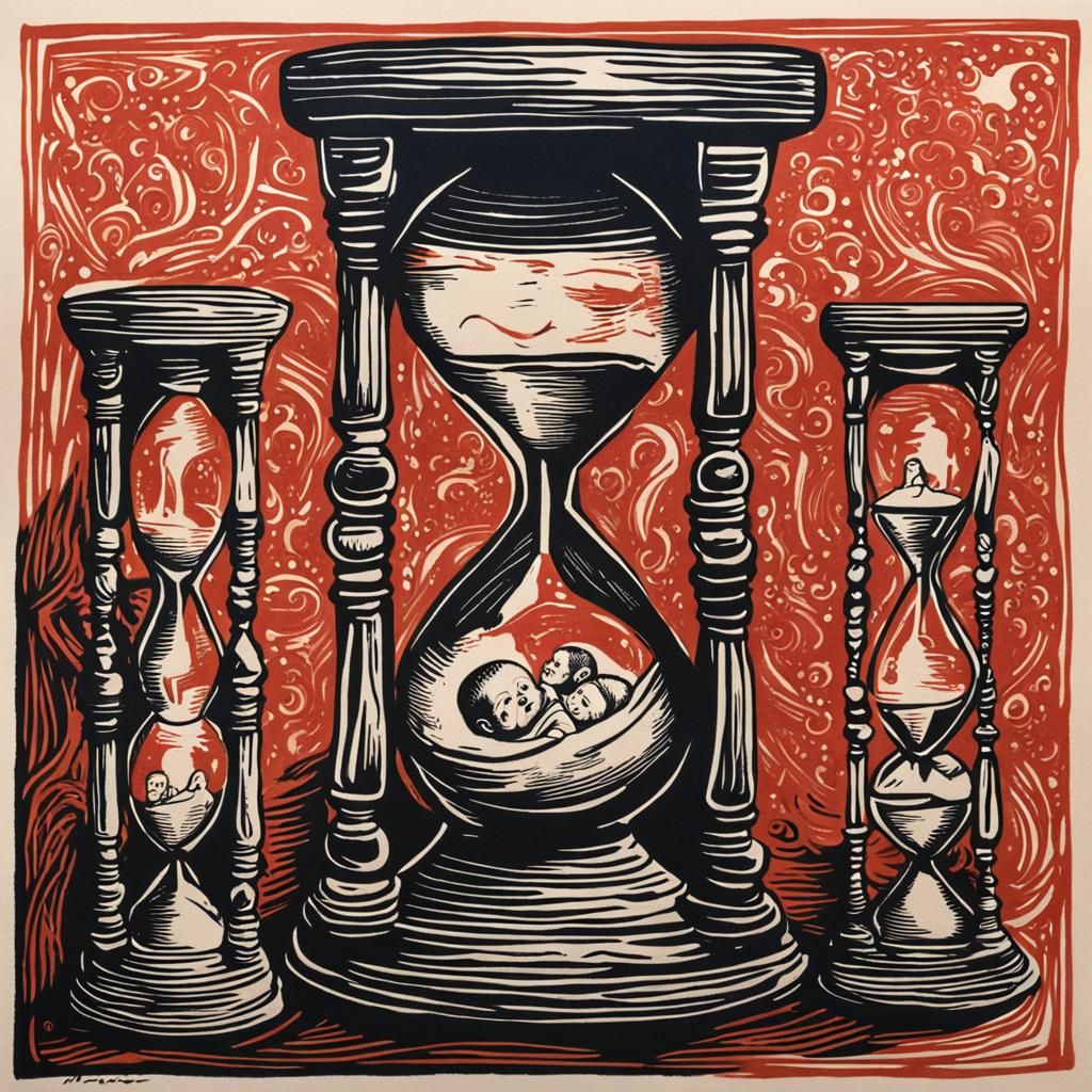 Hourglass Linocut: Life's Passage in Gouache