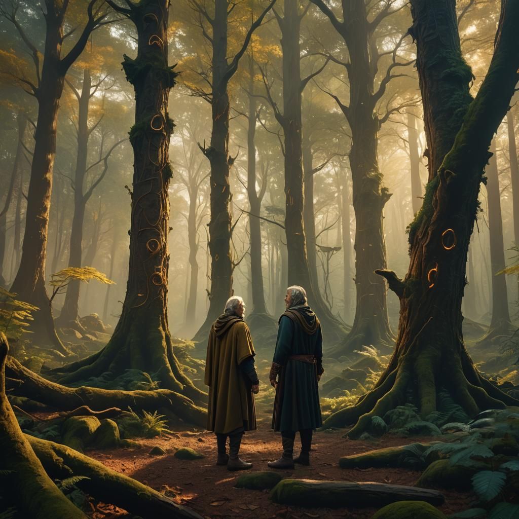 Hero Meets Mentor in Mystical Forest Painting