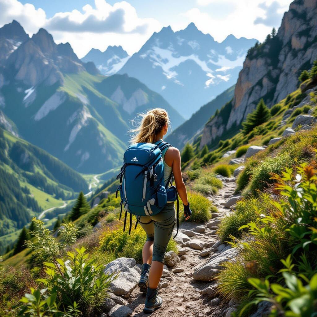 Woman Climbs Mountain Trail in Photorealistic Style