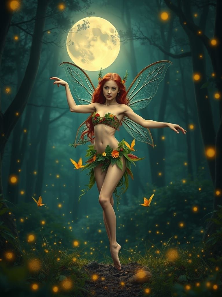 Redhead Fairy Ballet in Moonlit Forest