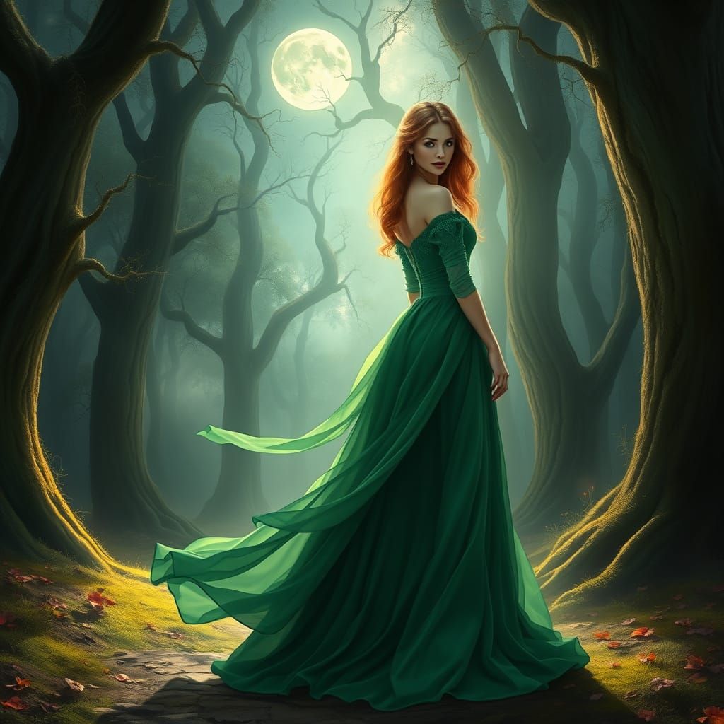Woman in Emerald Gown in Moonlit Enchanted Forest
