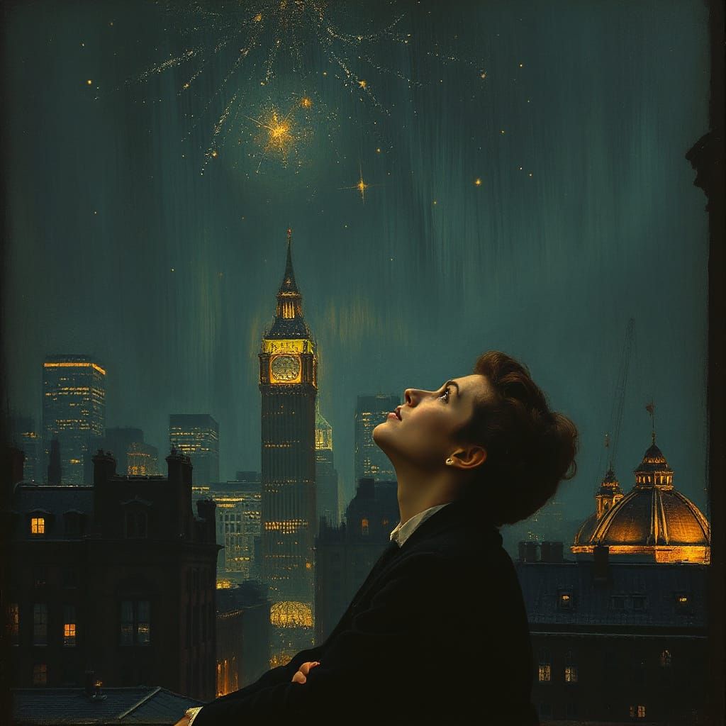 Edwardian Stargazer in Glimmering City: Velvet Painting