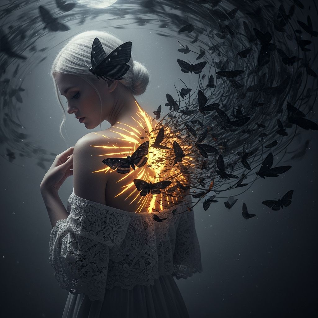 Ethereal Woman Dissolving into Moths, Hyperrealistic Digital...