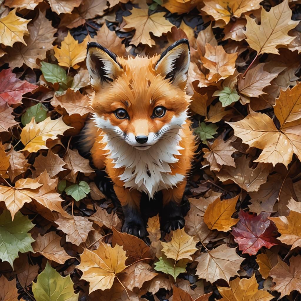 Adorable Baby Fox Playing in Autumn Leaves