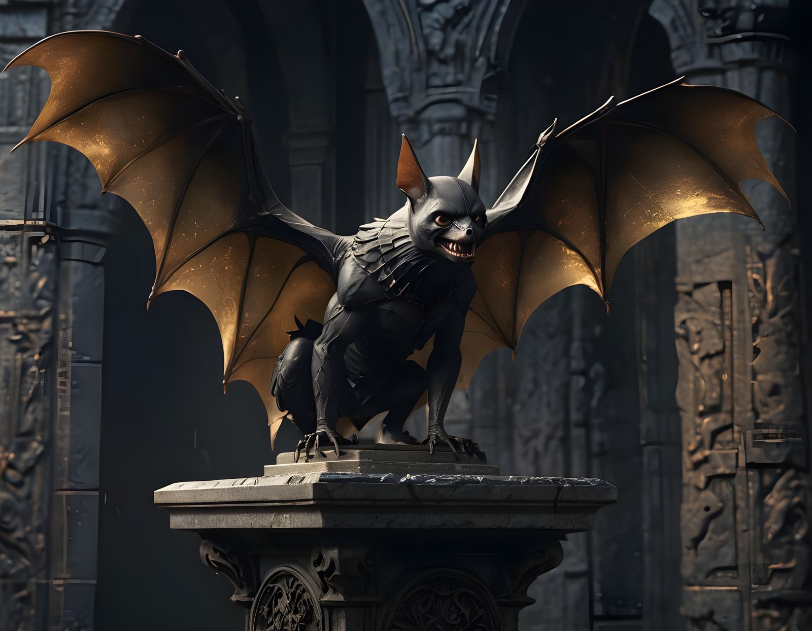 Humanoid Bat on Gothic Pedestal in Dark Fantasy Art
