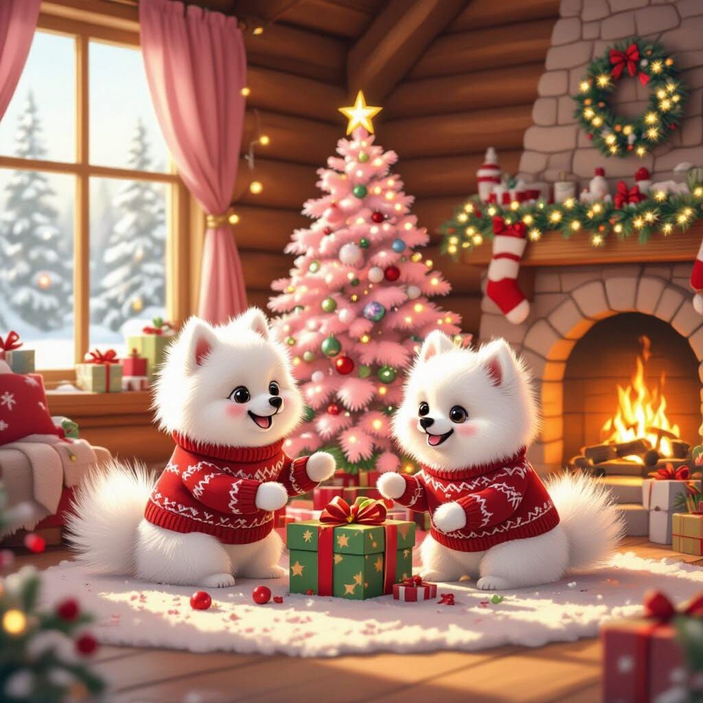 Fluffy Pomeranians Opening Gifts by Pink Christmas Tree