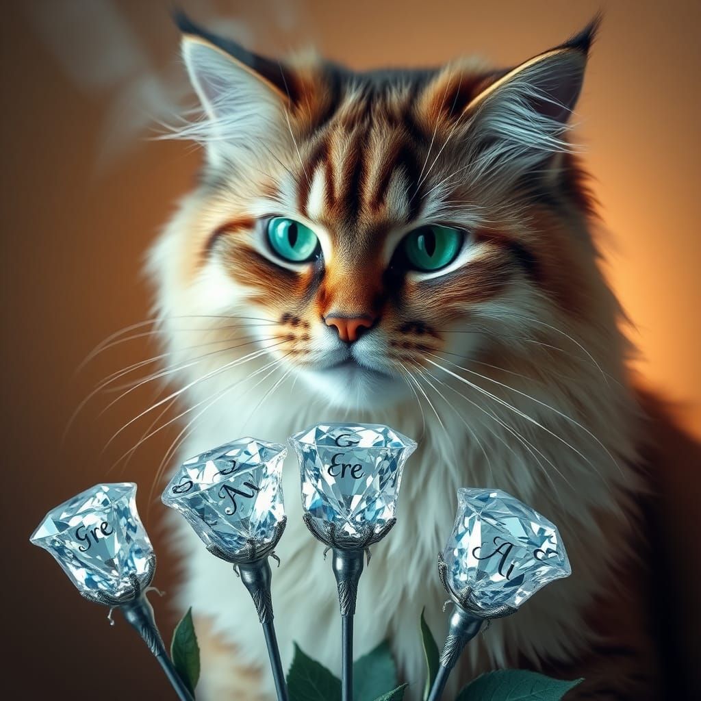 Cat Blowing Diamond Roses as Hyperrealistic Art