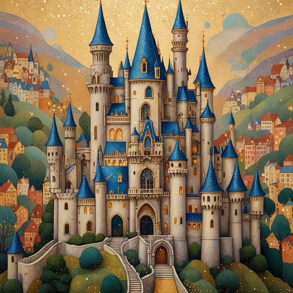 Pointillist Fairytale Castle in Klimt and Seurat Style