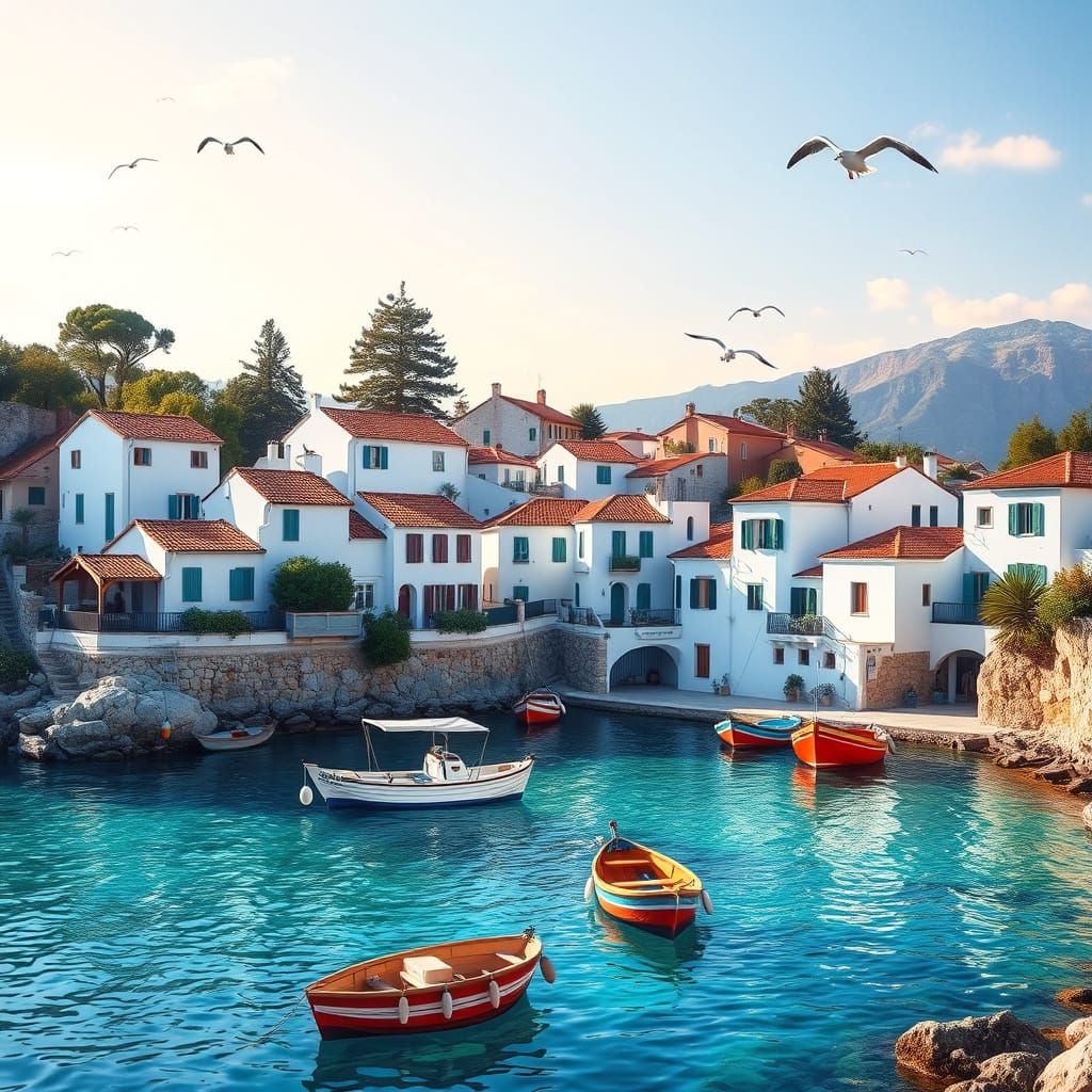 Picturesque Greek Village by the Sea at Sunrise