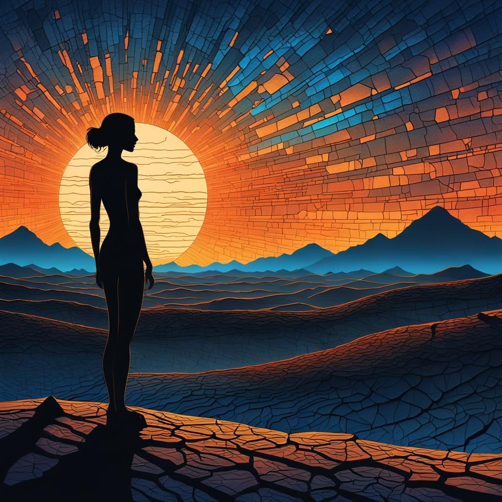 Woman Silhouetted Before Crackled Rising Sun