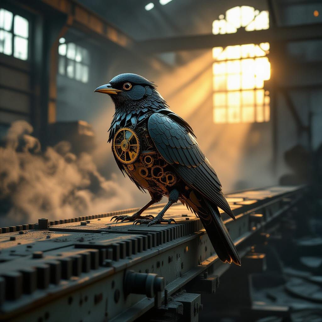 Clockwork Bird on Factory Conveyor, Industrial Surrealism