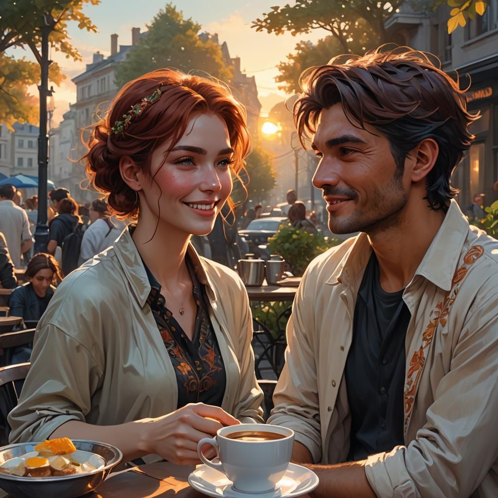 Woman and Man Watching Sunrise: Hyperdetailed Portrait