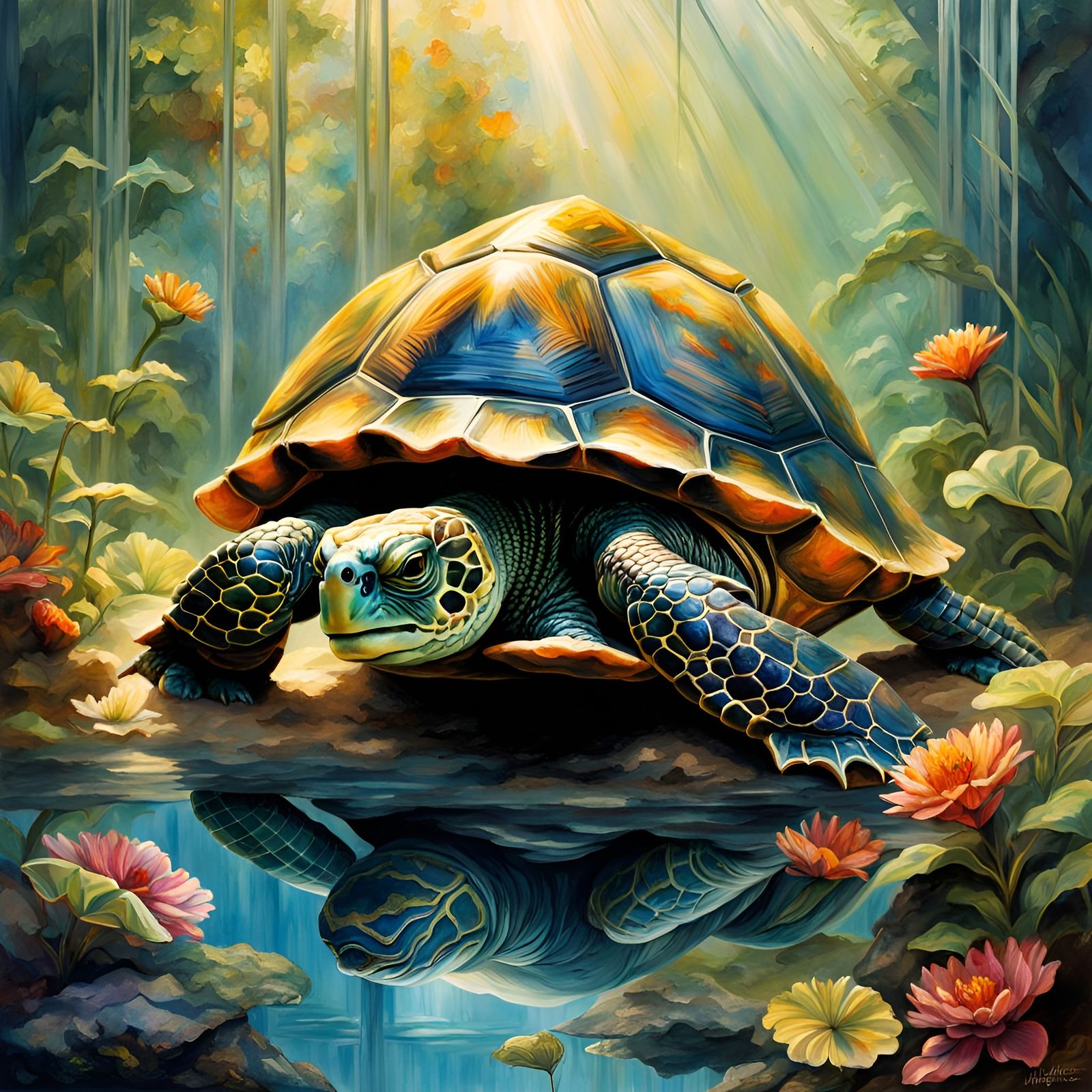 Hyperrealistic Turtles in Rococo Terrarium