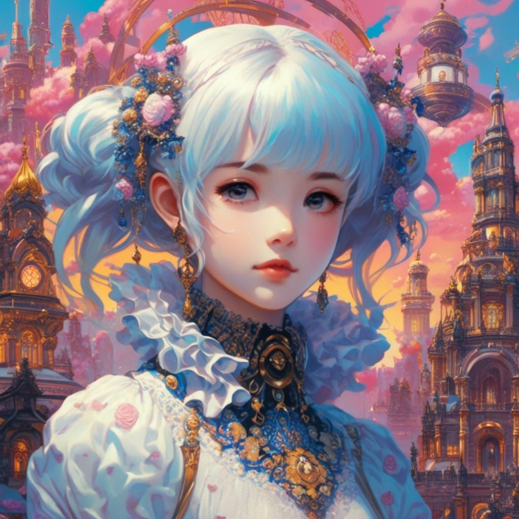 Anime Girl Portrait with Electric Blue Cityscape