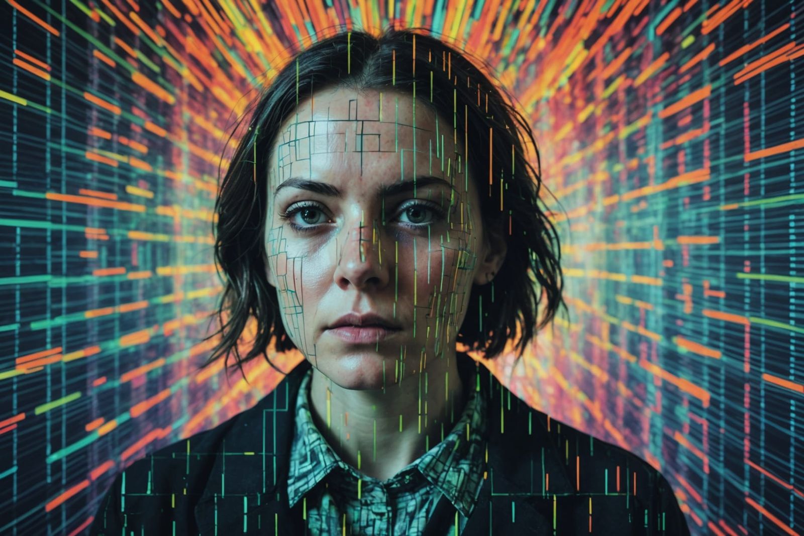 Glitchcore Double Exposure: Woman in Asylum