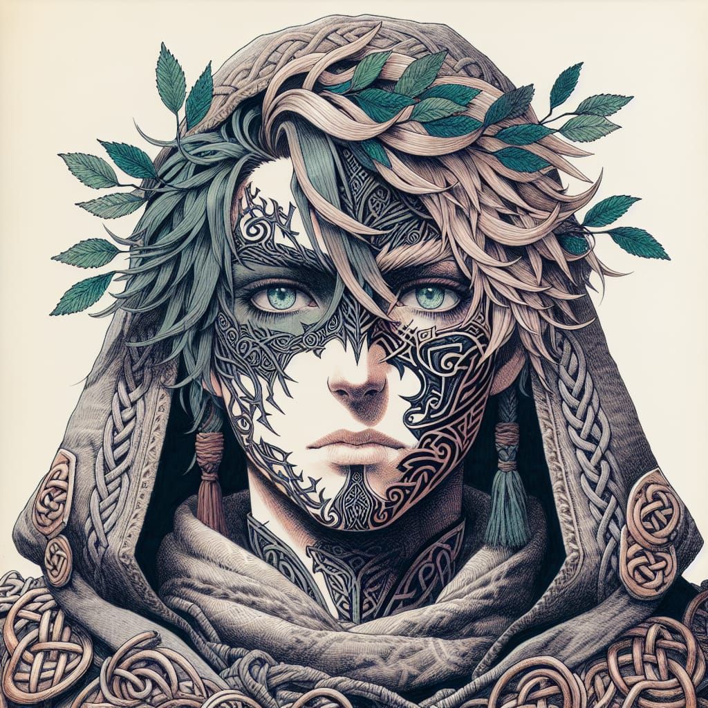 The Celtic Warrior Druid in Anime-Inspired Ink and Watercolo...