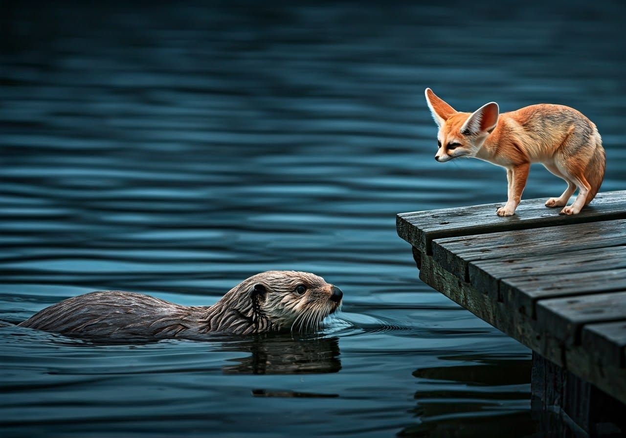 Sea Otter and Fennec Fox in Ethereal Blue Light
