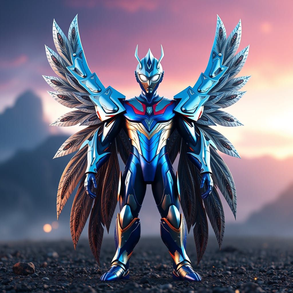 Majestic Blue Ultraman Mech in Polished Cyberpunk Armor