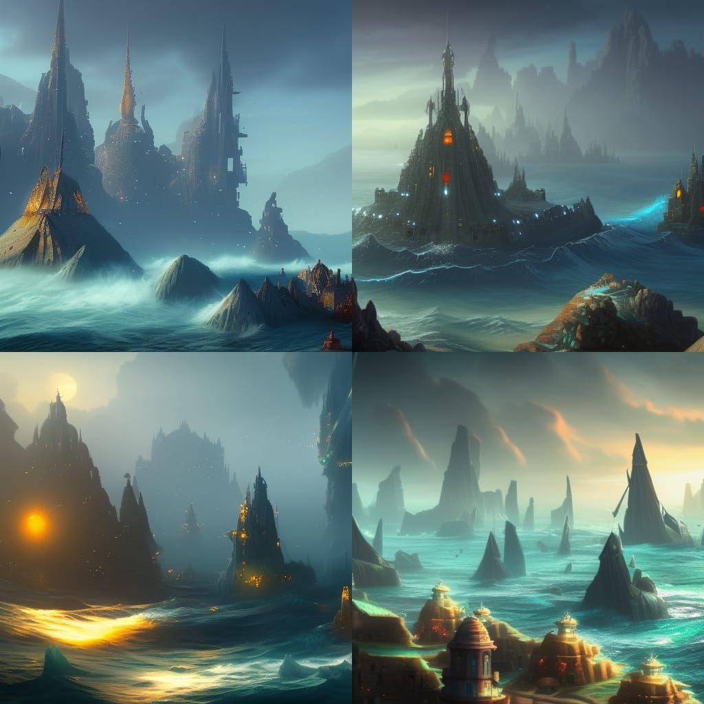 Fantastical Ocean City with Bridges in Deep Color