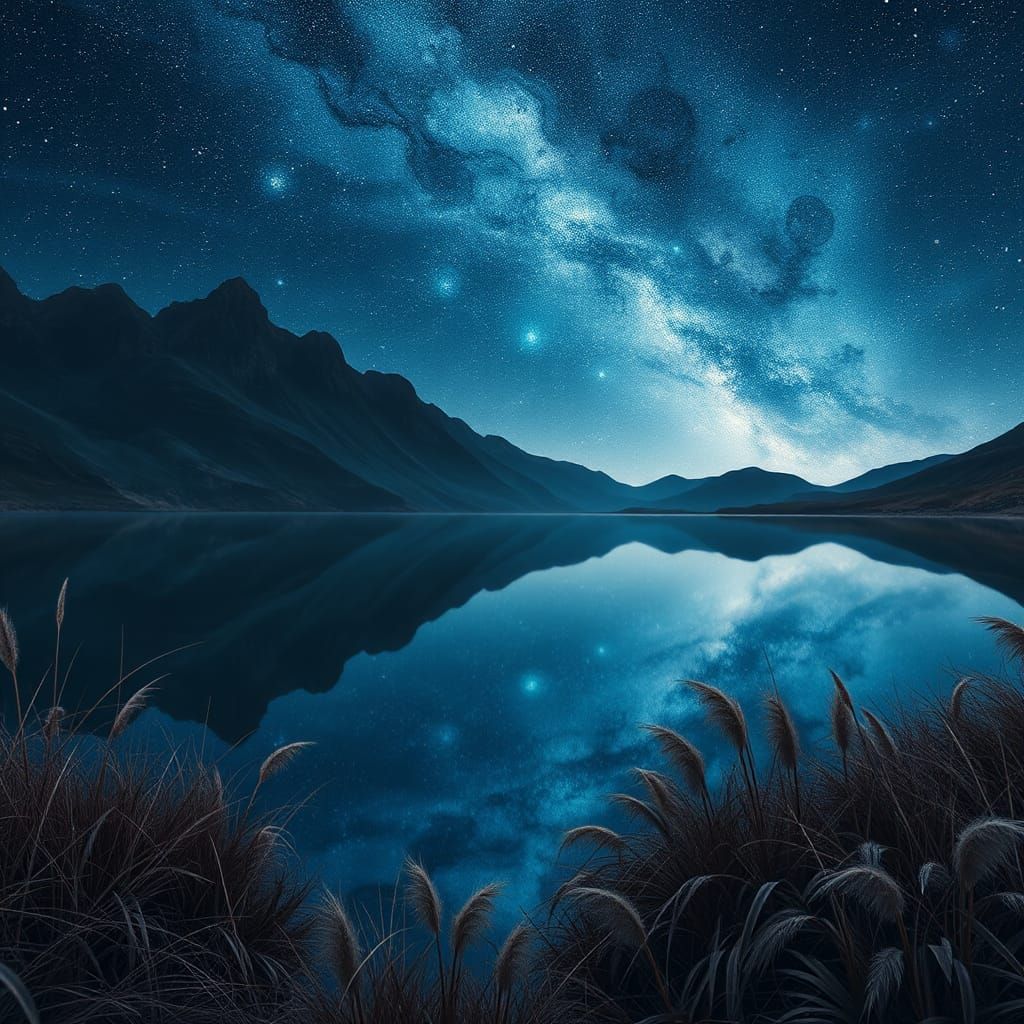 Cosmic Starry Sky Over Still Mountain Lake