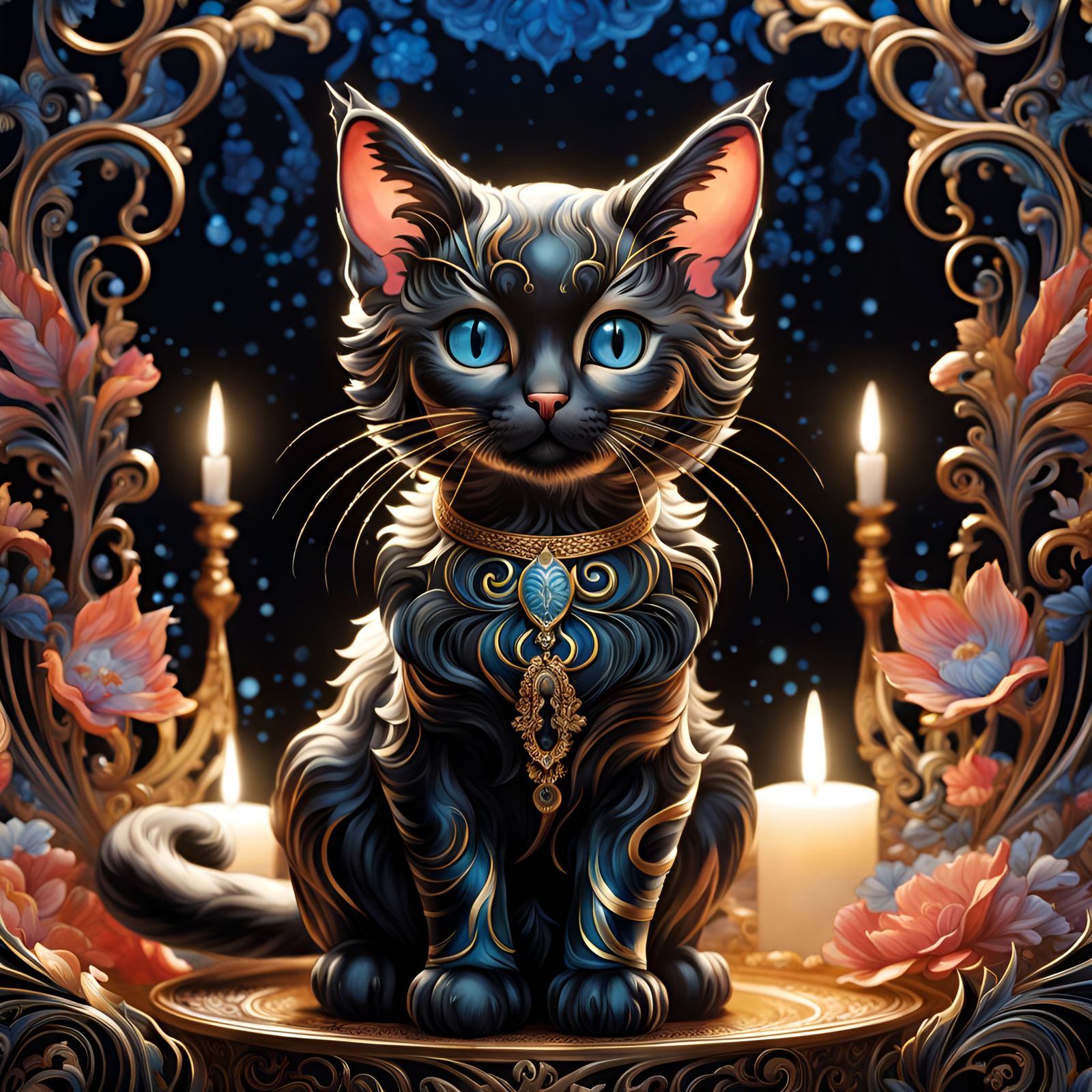 Chibi Cat in Flowing Ink, Detailed Digital Art