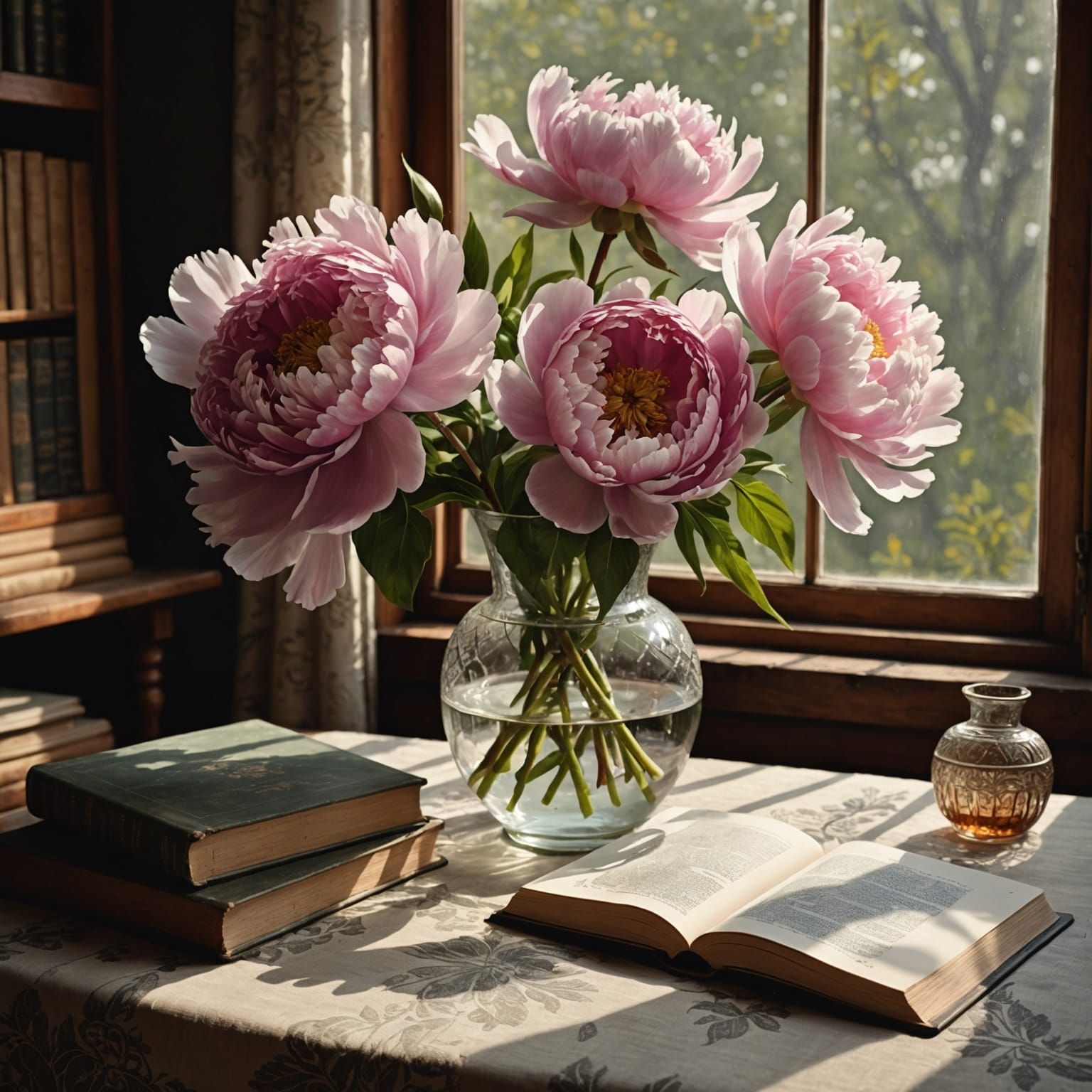 Peony Blooms in Sunlight: Botanical Ink Drawing