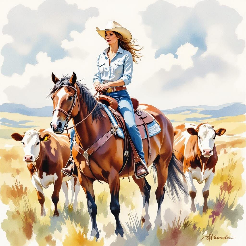 Realistic Watercolor Cowgirl Herding Cattle on Horse