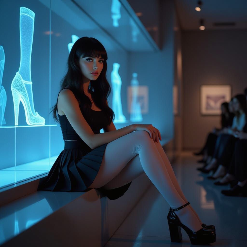 Young Woman at Holographic Exhibit, Cinematic Film Still