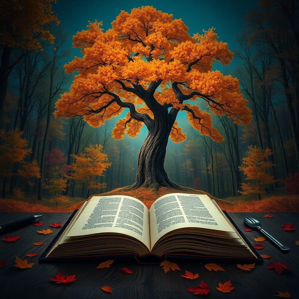 The book is lying on its side on a wooden table with autumn ...