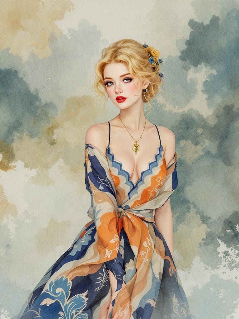 Pin-Up Woman with Floral Crown in Watercolor Style