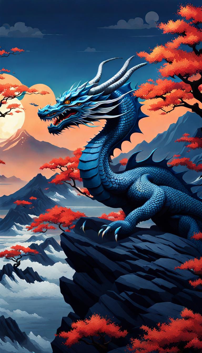 Navy-Blue Dragon in Ukiyo-e Fantasy Landscape