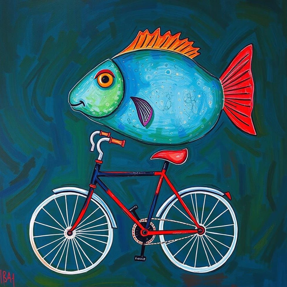 Fish Rides Bicycle in Surrealist Style