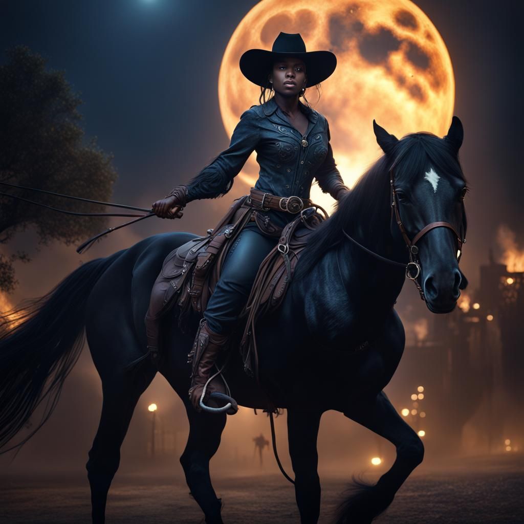 Black Cowgirl on Rearing Horse at Night
