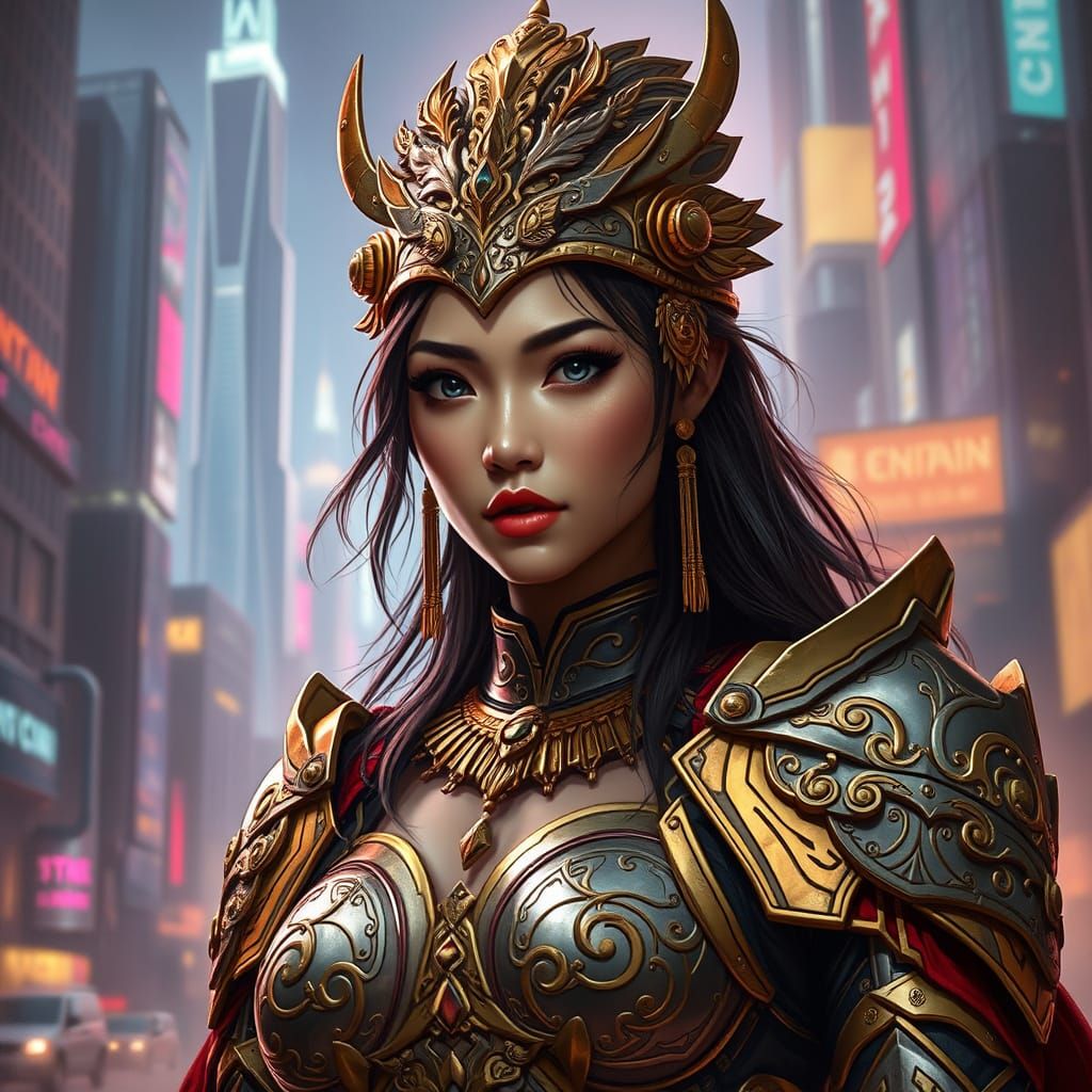 Ethereal Warrior in Futuristic Metropolis