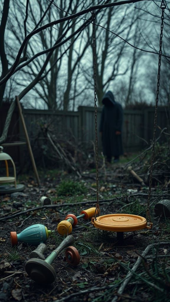 Bleak Derelict Garden with Hooded Figure