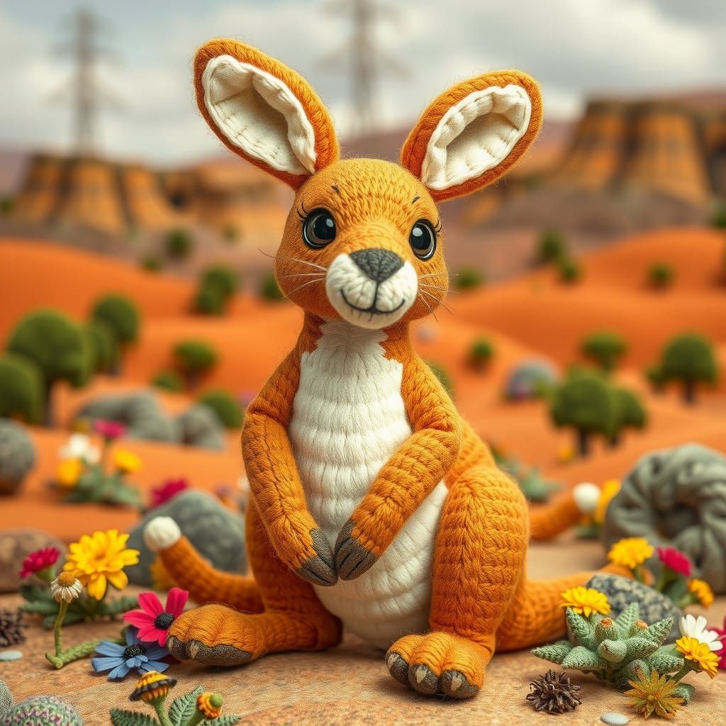 Whimsical Crocheted Outback Landscape with Cuddly Kangaroo