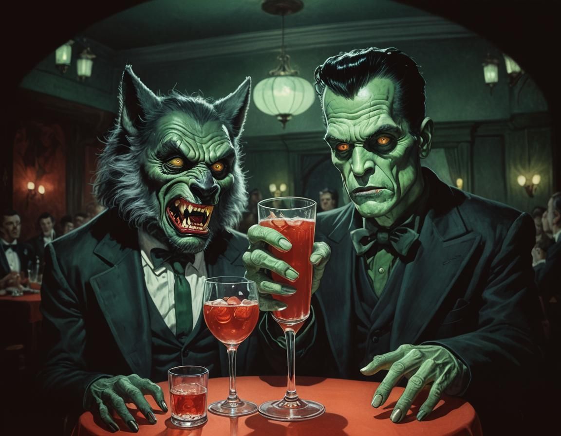 Werewolf and Frankenstein at Prom in Metarealism Style