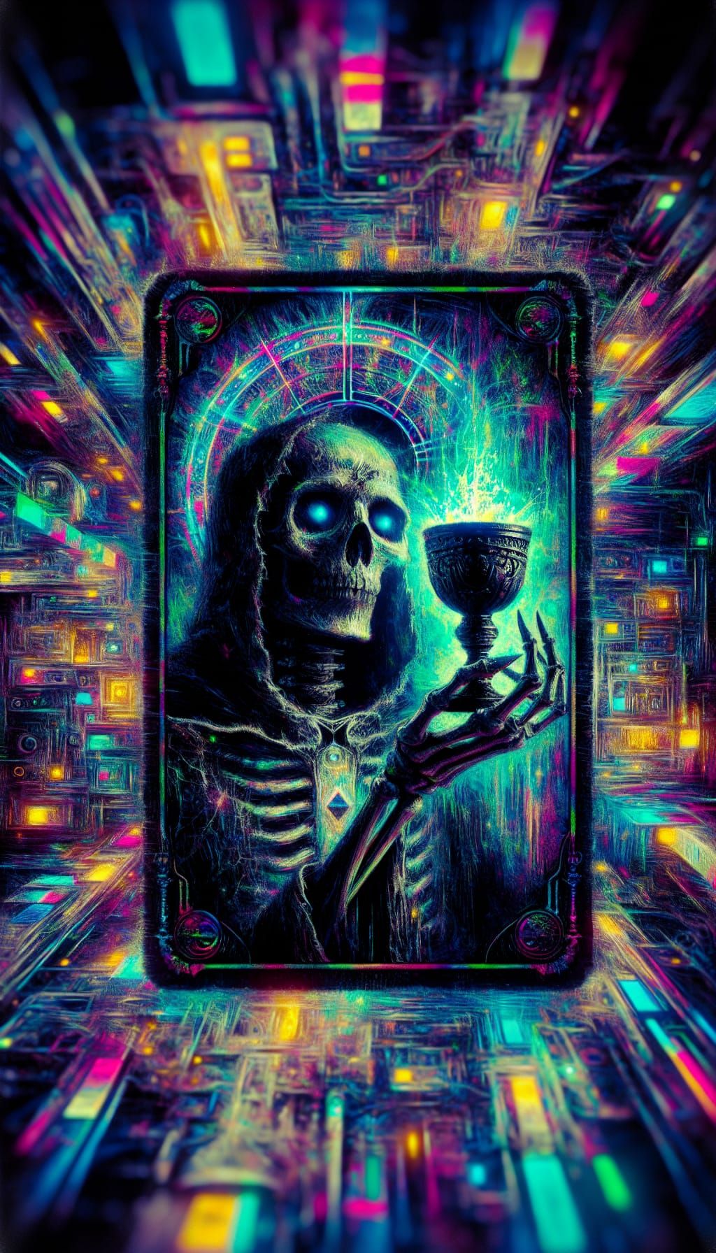 Undead Chalice Tarot Card in Cyberpunk Style