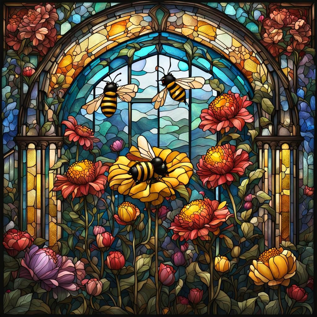 Stained Glass Flowers and Bumble Bees