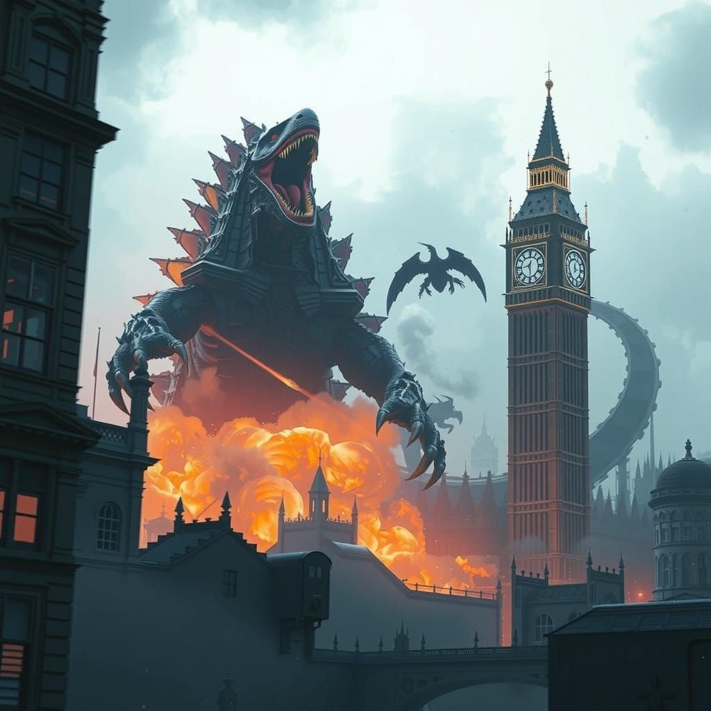 Cyberpunk Kaiju Devastates Iconic London Landmark