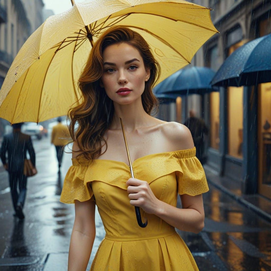 Stylish Woman with Yellow Umbrella on Rainy 1950s Street