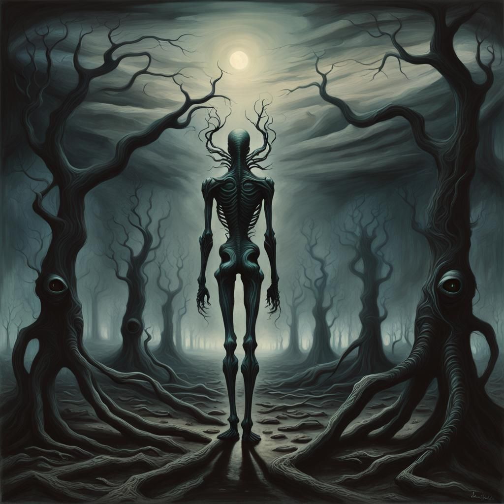 Dark Figure in Barren Landscape: Surrealist Art