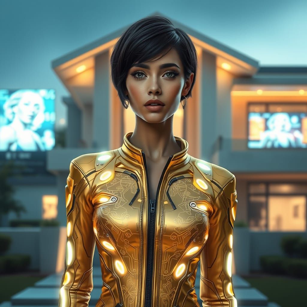 Cyberpunk Woman in Golden Jumpsuit Near Modern House
