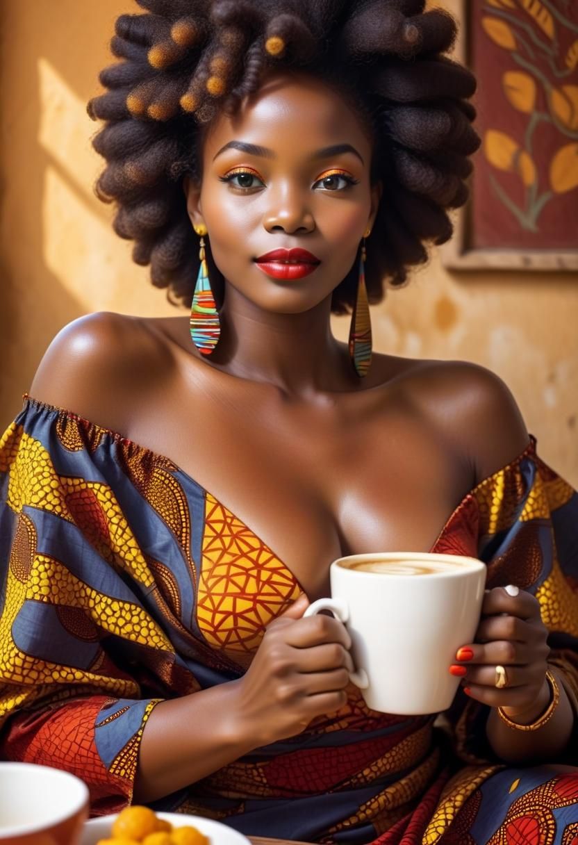 Elegant African Woman Enjoying Coffee in Colorful Wax Outfit