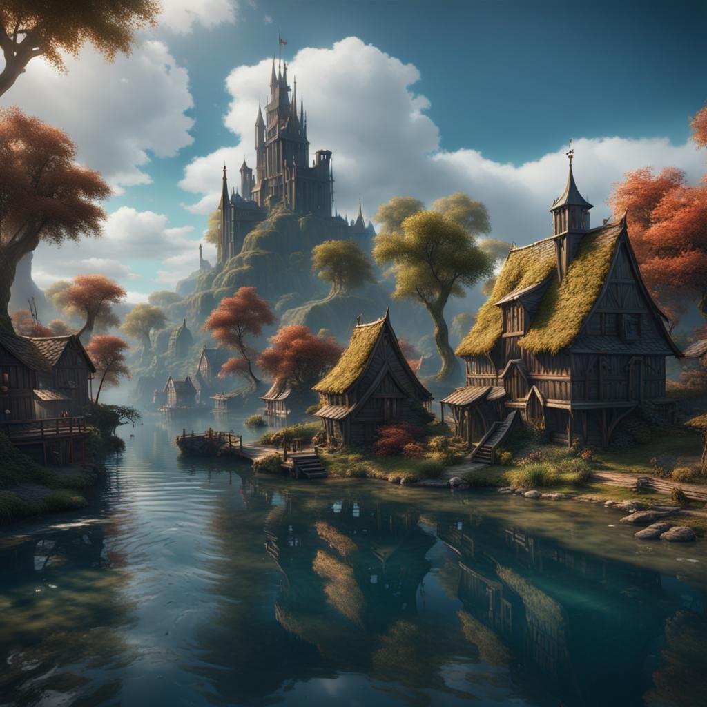 Fantastical Village by Water in Detailed Matte Painting