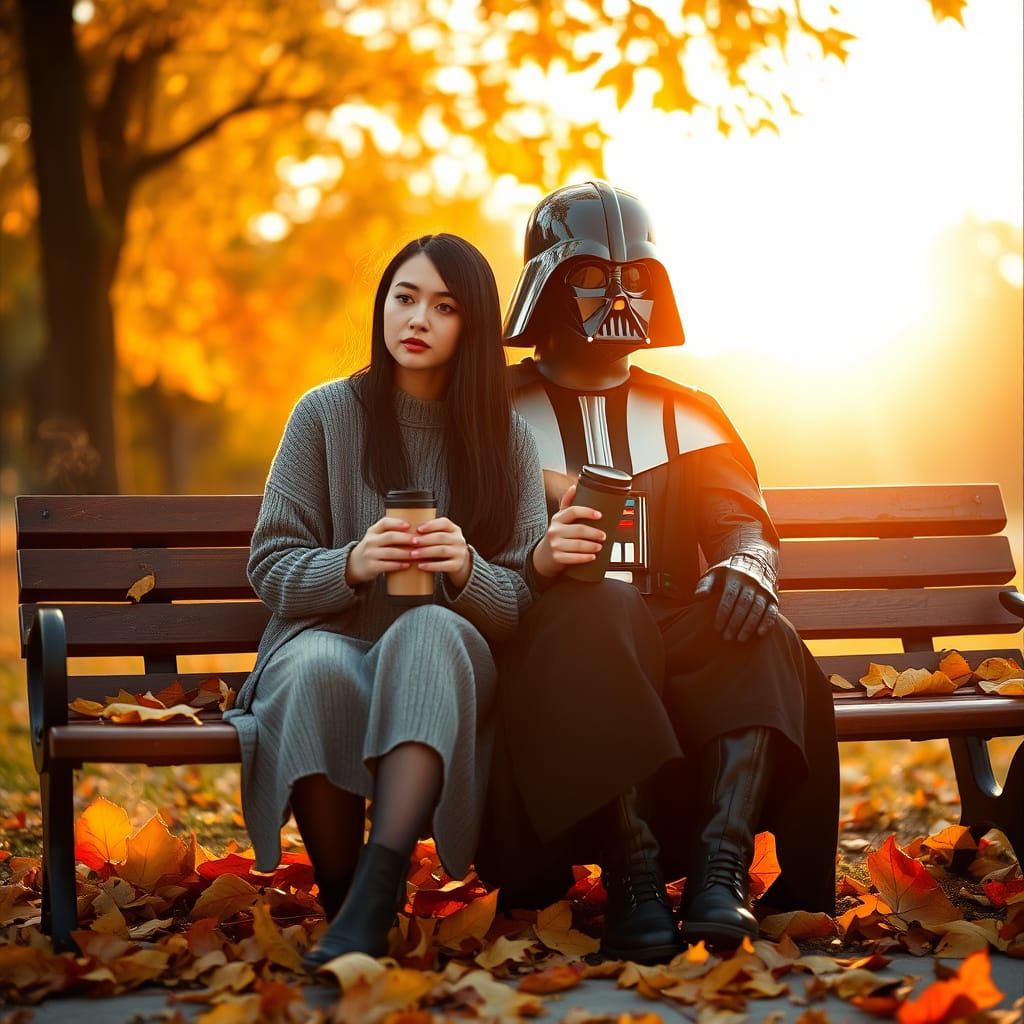 Woman and Darth Vader Enjoy Autumn Park Scene