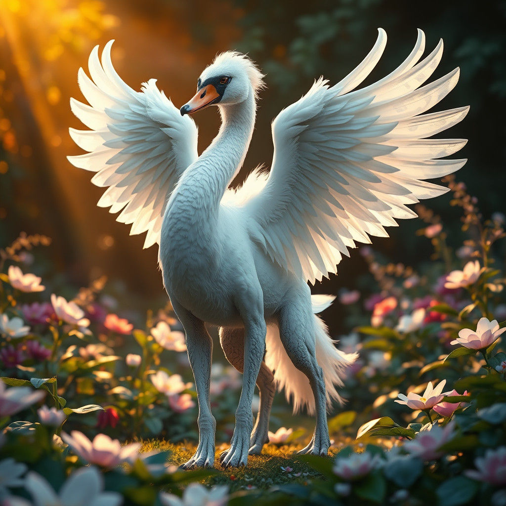 Majestic Swan-Dog Hybrid in Lush Garden