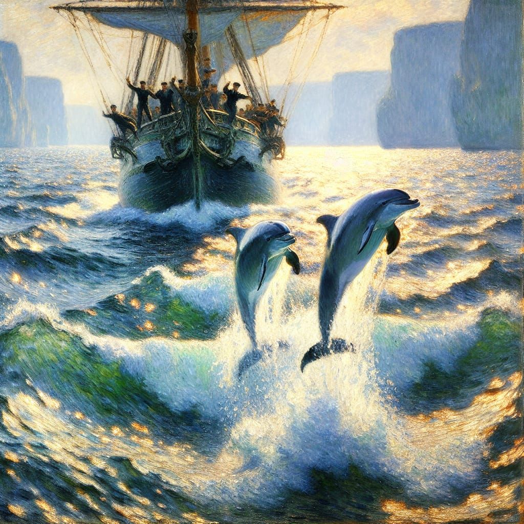 Dolphins Leaping at Ship Bow in Impressionistic Style